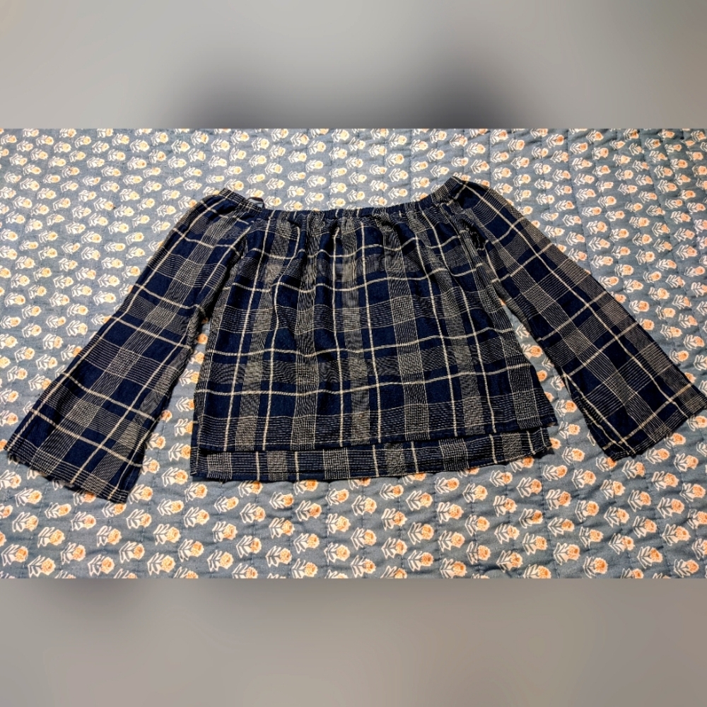 Cloth & Stone Anthro Blue and Cream Plaid 100% Cotton Off the Shoulder Top sz S